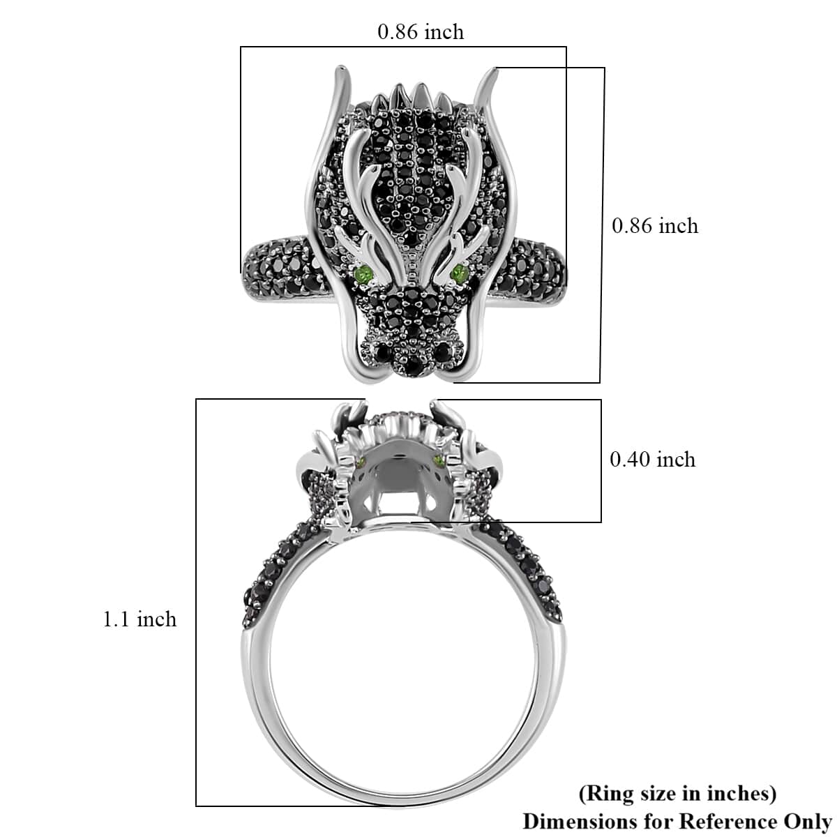 Thai Black Spinel and Chrome Diopside Dragon Head Ring in Rhodium Over and Sterling Silver (Size 10.0) 1.20 ctw image number 5