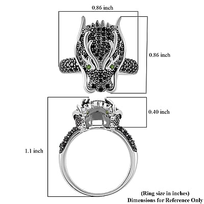 Thai Black Spinel and Chrome Diopside 1.20 ctw Dragon Head Ring in Rhodium Over Sterling Silver (Size 10.0)