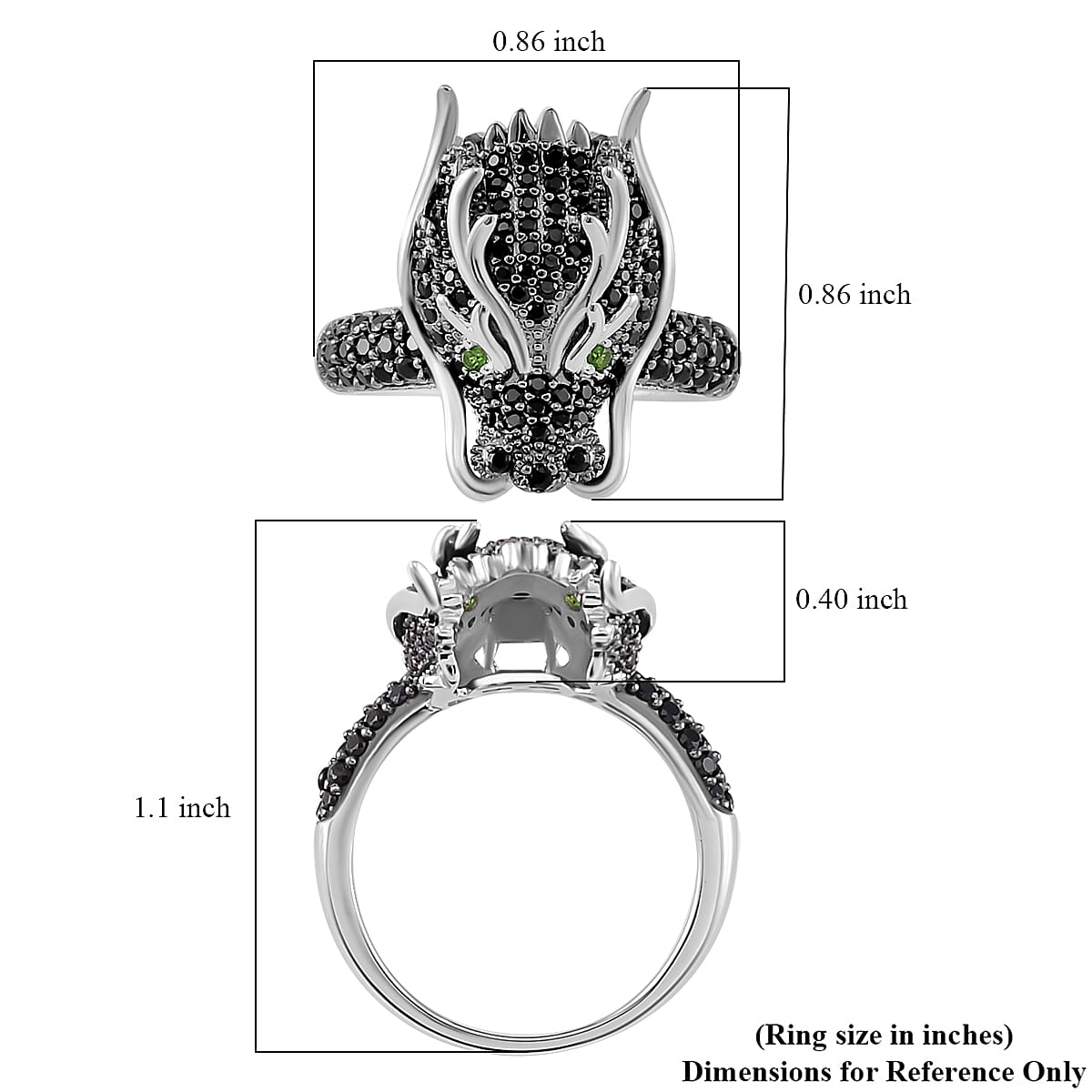 Thai Black Spinel and Chrome Diopside 1.20 ctw Dragon Head Ring in Rhodium Over Sterling Silver (Size 5.0) image number 4