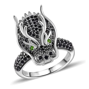 Thai Black Spinel and Chrome Diopside 1.20 ctw Dragon Head Ring in Rhodium Over Sterling Silver (Size 6.0)