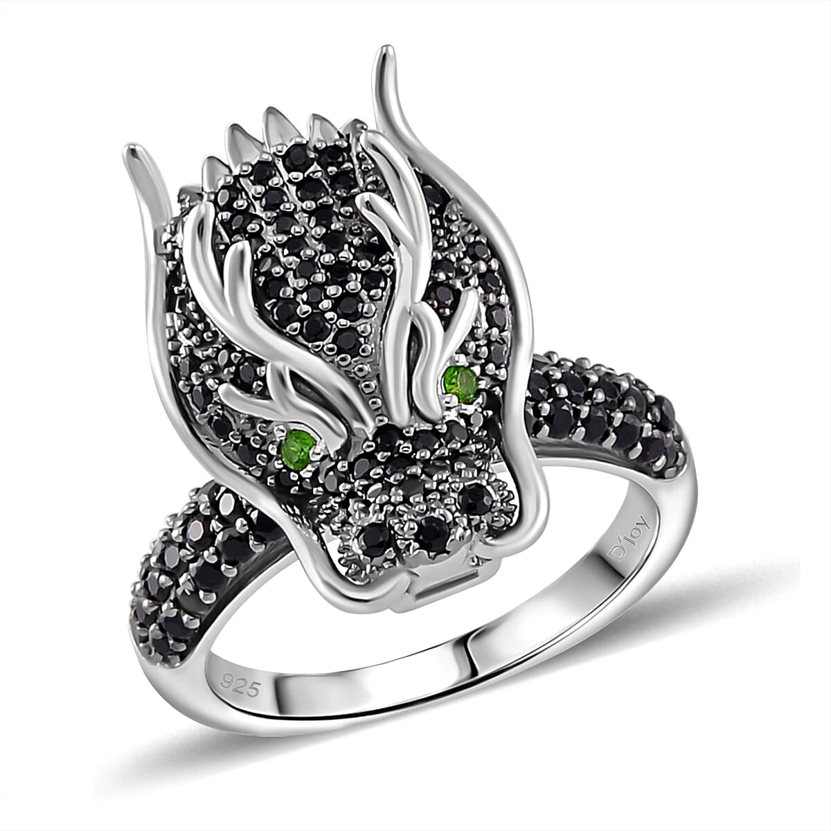 Thai Black Spinel and Chrome Diopside 1.20 ctw Dragon Head Ring in Rhodium Over Sterling Silver (Size 8.0) image number 0