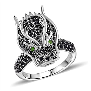 Thai Black Spinel and Chrome Diopside 1.20 ctw Dragon Head Ring in Rhodium Over Sterling Silver (Size 8.0)