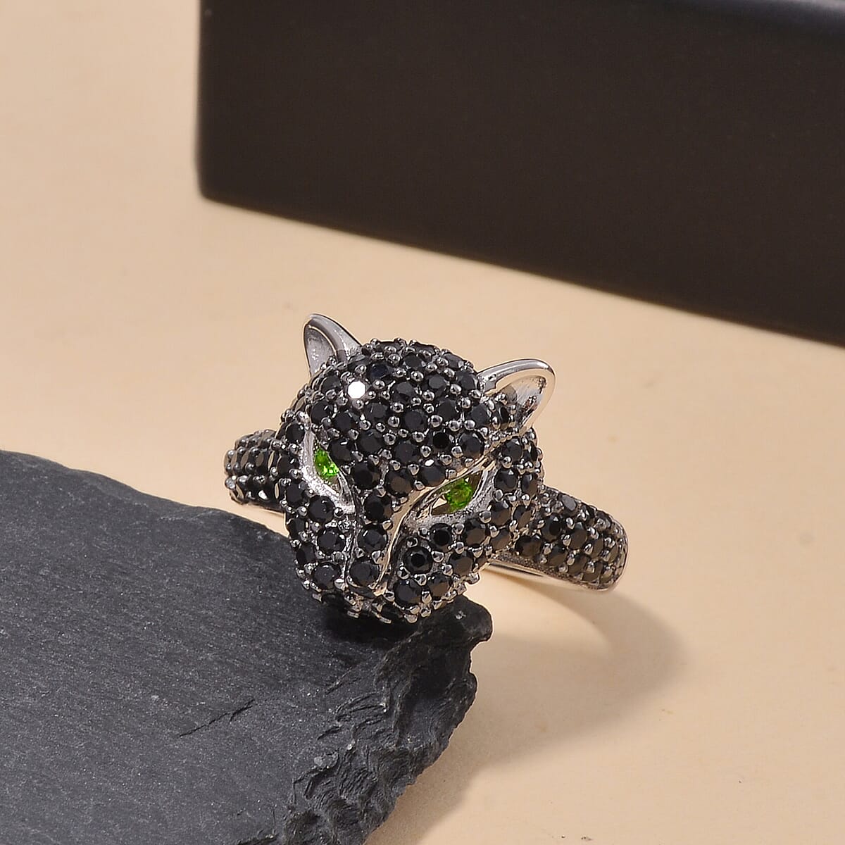 Thai Black Spinel and Chrome Diopside 1.75 ctw Panther Head Ring in Rhodium Over and Sterling Silver (Size 6.0) image number 1