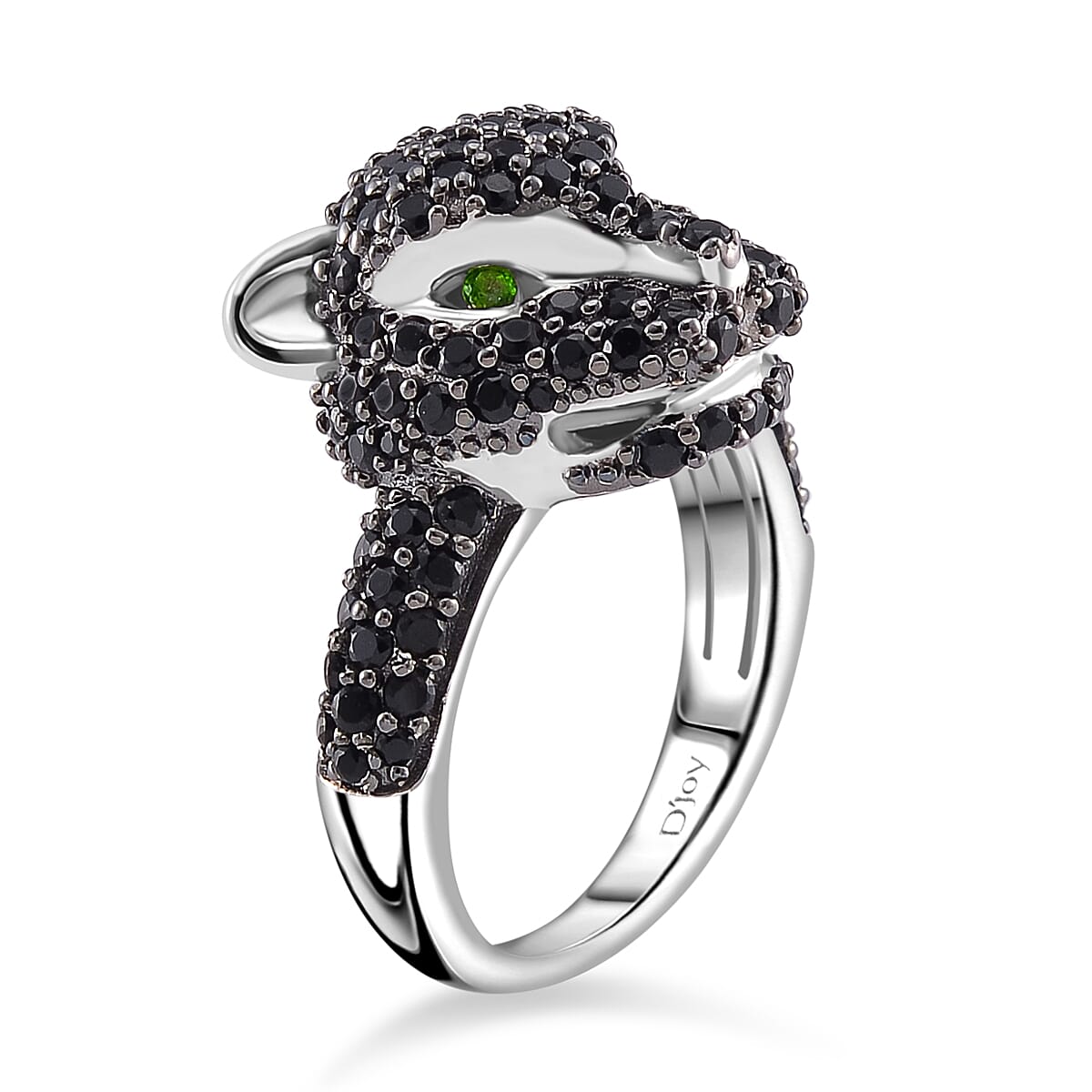Thai Black Spinel and Chrome Diopside 1.75 ctw Panther Head Ring in Rhodium Over and Sterling Silver (Size 6.0) image number 3