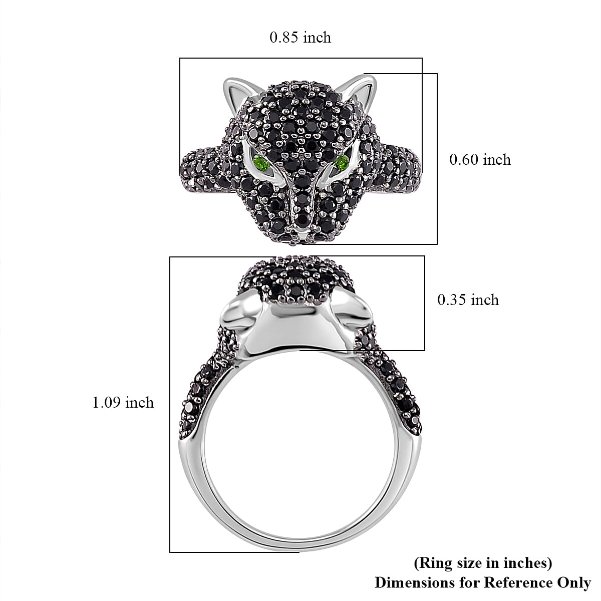 Thai Black Spinel and Chrome Diopside 1.75 ctw Panther Head Ring in Rhodium Over and Sterling Silver (Size 6.0) image number 5