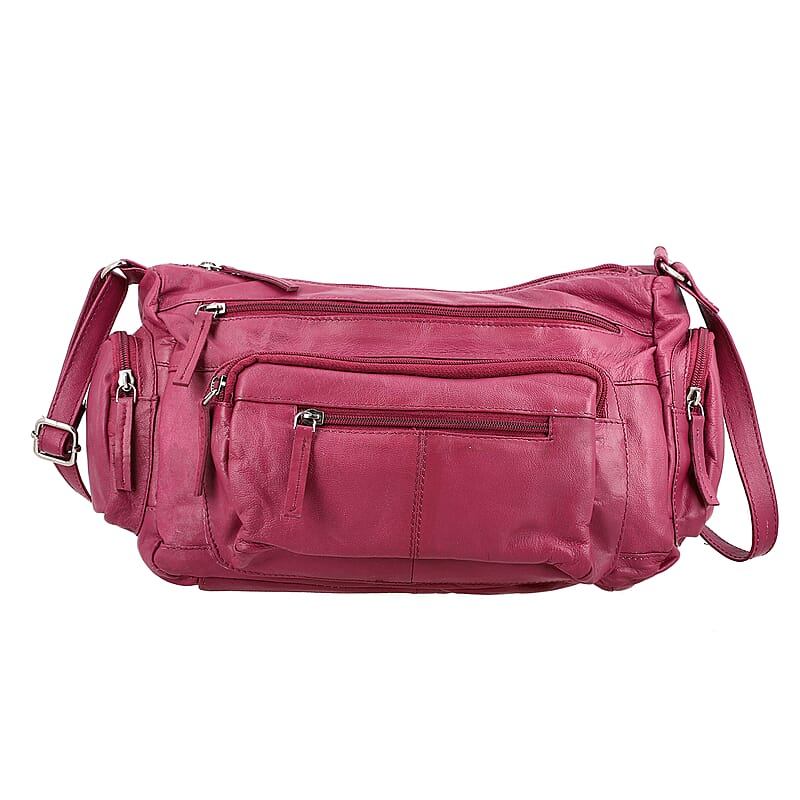 Cherry Color Genuine Leather Multi Pocket Crossbody Bag with Adjustable Strap