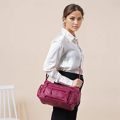 Cherry Color Genuine Leather Multi Pocket Crossbody Bag with Adjustable Strap