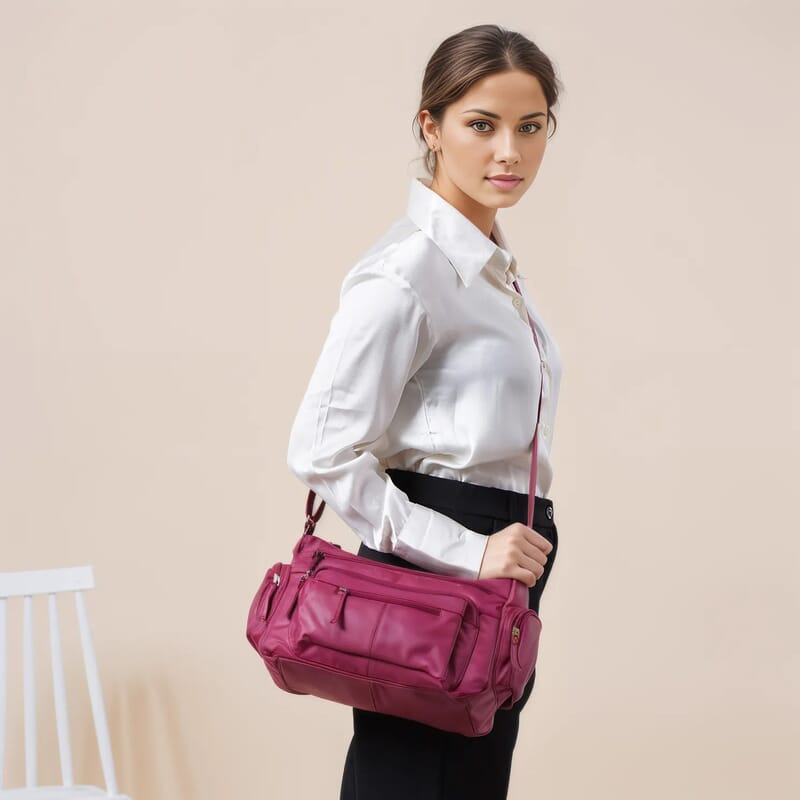 Cherry Color Genuine Leather Multi Pocket Crossbody Bag with Adjustable Strap