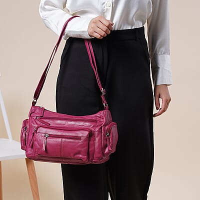 Cherry Color Genuine Leather Multi Pocket Crossbody Bag with Adjustable Strap