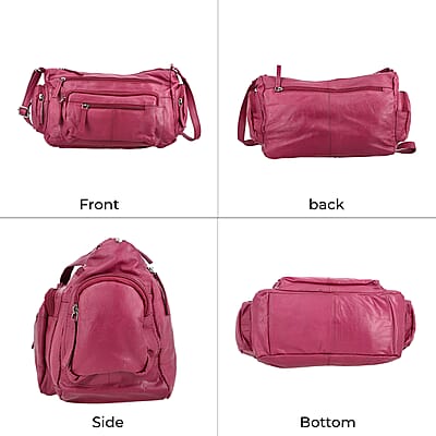 Cherry Color Genuine Leather Multi Pocket Crossbody Bag with Adjustable Strap