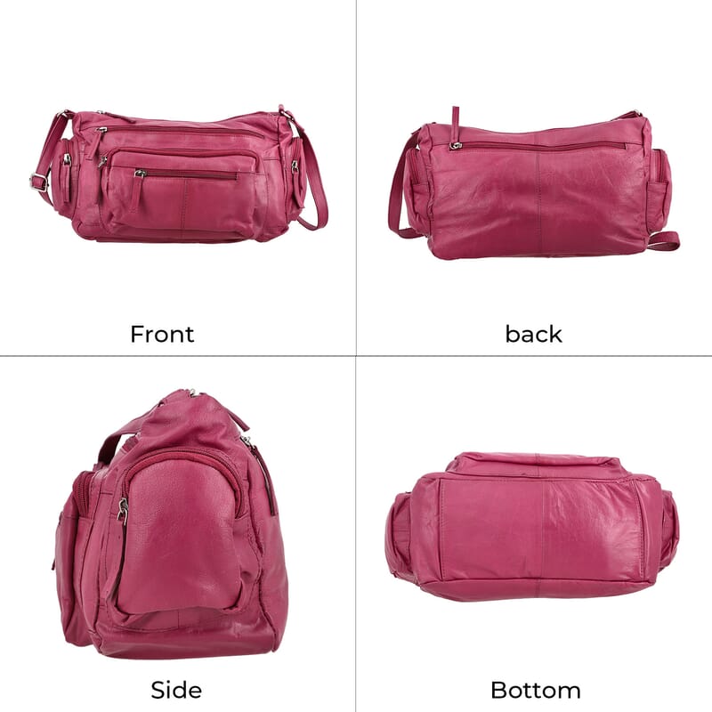 Cherry Color Genuine Leather Multi Pocket Crossbody Bag with Adjustable Strap