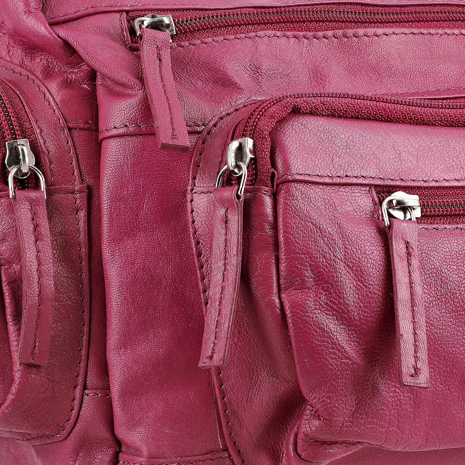 Cherry Color Genuine Leather Multi Pocket Crossbody Bag with Adjustable Strap