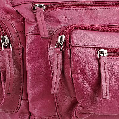 Cherry Color Genuine Leather Multi Pocket Crossbody Bag with Adjustable Strap