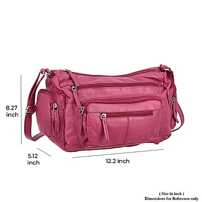 Cherry Color Genuine Leather Multi Pocket Crossbody Bag with Adjustable Strap