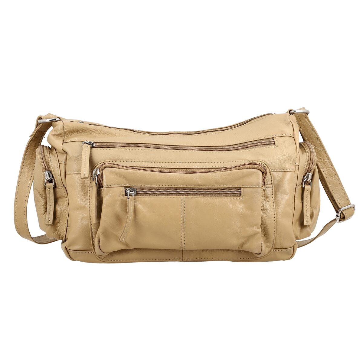 Tan Color Genuine Leather Multi Pocket Crossbody Bag with Adjustable Strap image number 0