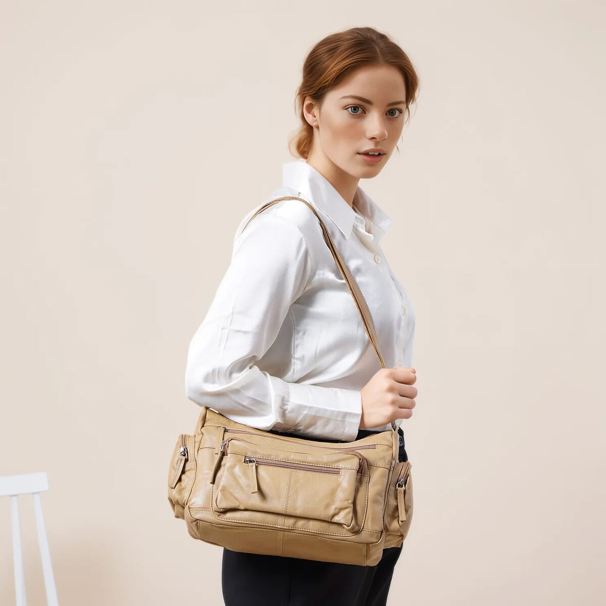 Tan Color Genuine Leather Multi Pocket Crossbody Bag with Adjustable Strap image number 2