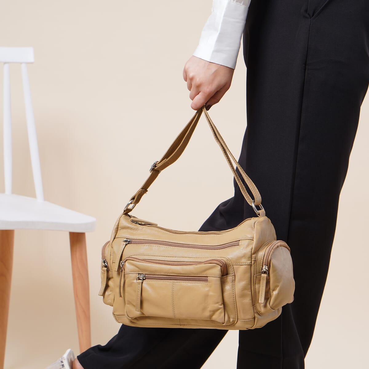Tan Color Genuine Leather Multi Pocket Crossbody Bag with Adjustable Strap image number 3