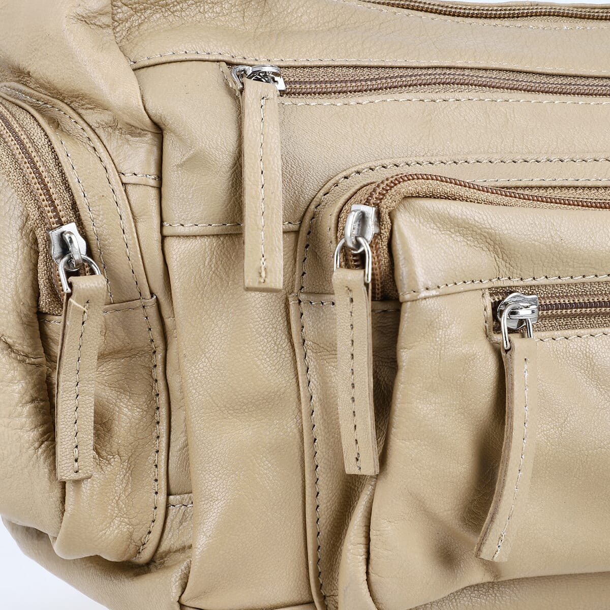 Tan Color Genuine Leather Multi Pocket Crossbody Bag with Adjustable Strap image number 5
