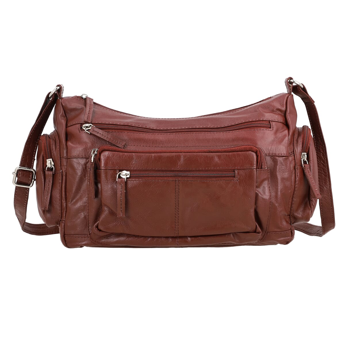 Chocolate Color Genuine Leather Multi Pocket Crossbody Bag with Adjustable Strap image number 0
