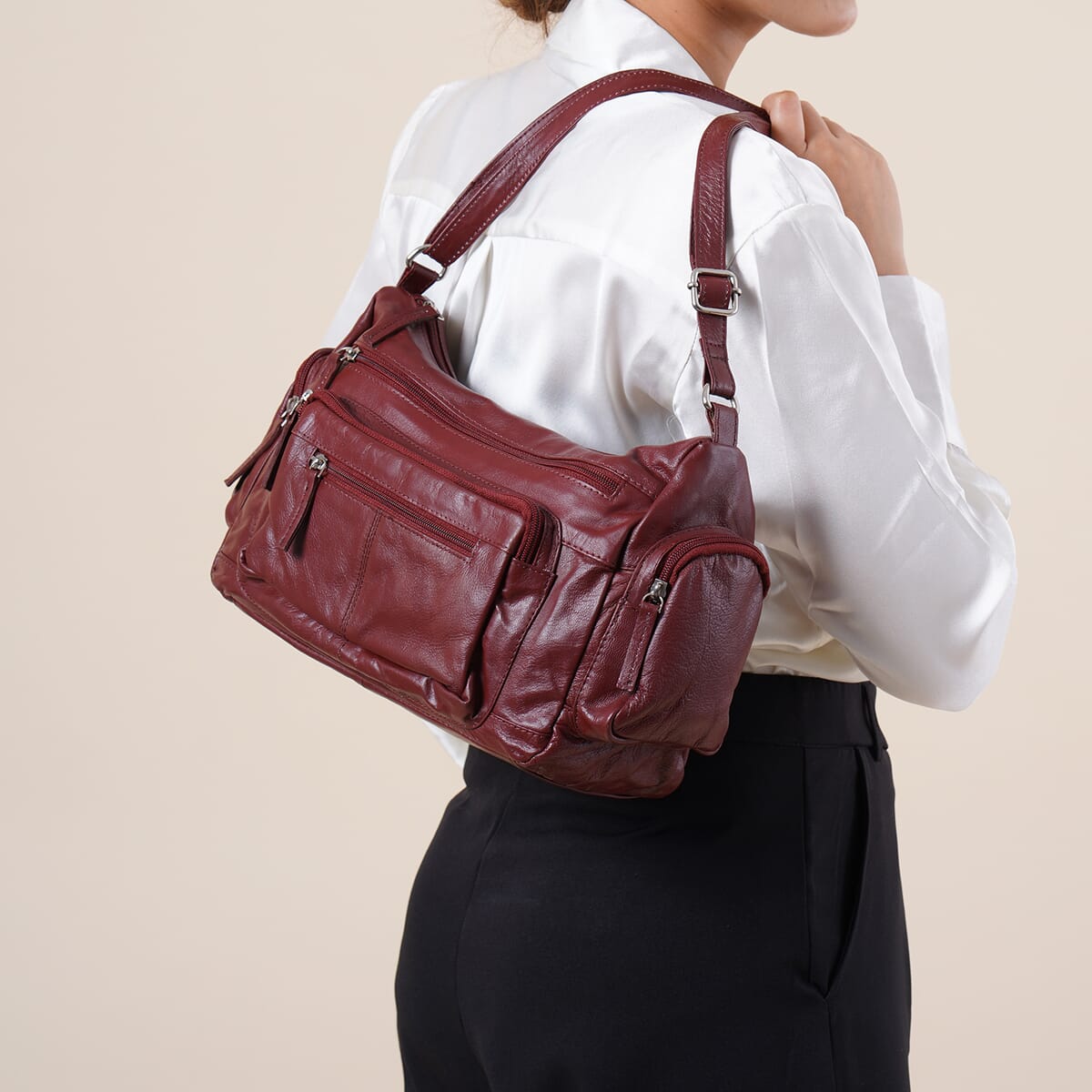 Chocolate Color Genuine Leather Multi Pocket Crossbody Bag with Adjustable Strap image number 3