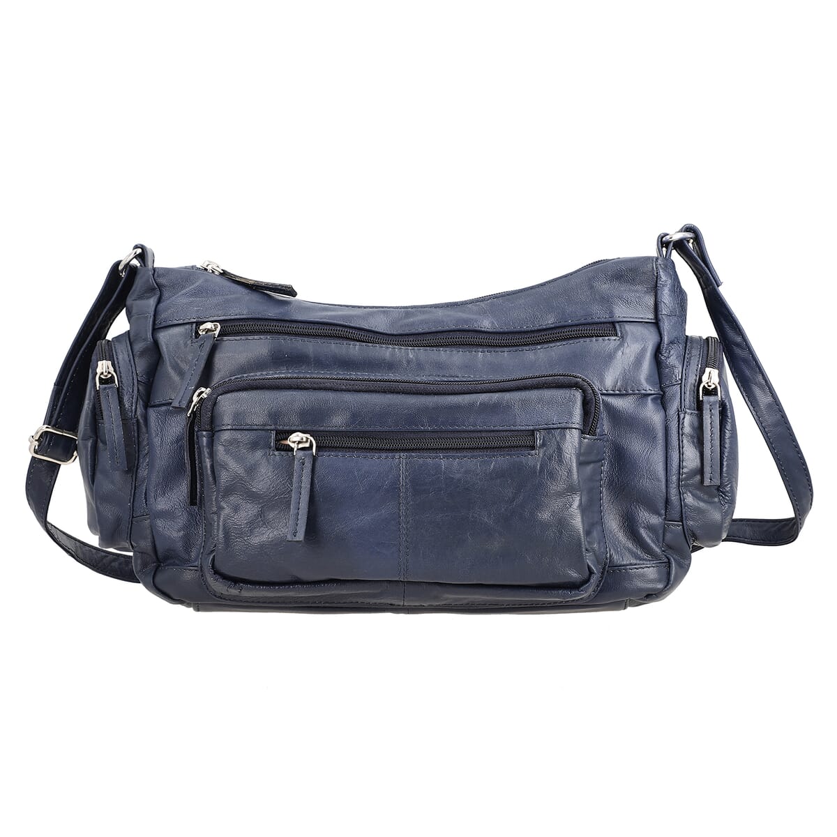 Navy Color Genuine Leather Multi Pocket Crossbody Bag with Adjustable Strap image number 0