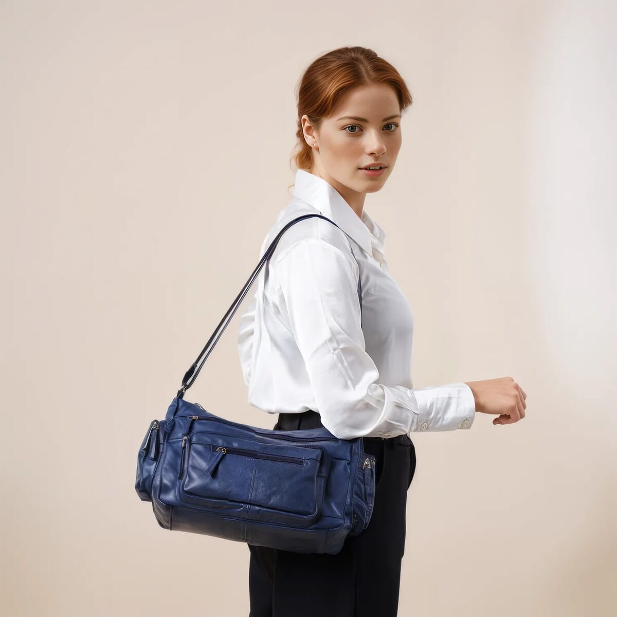 Navy Color Genuine Leather Multi Pocket Crossbody Bag with Adjustable Strap image number 1