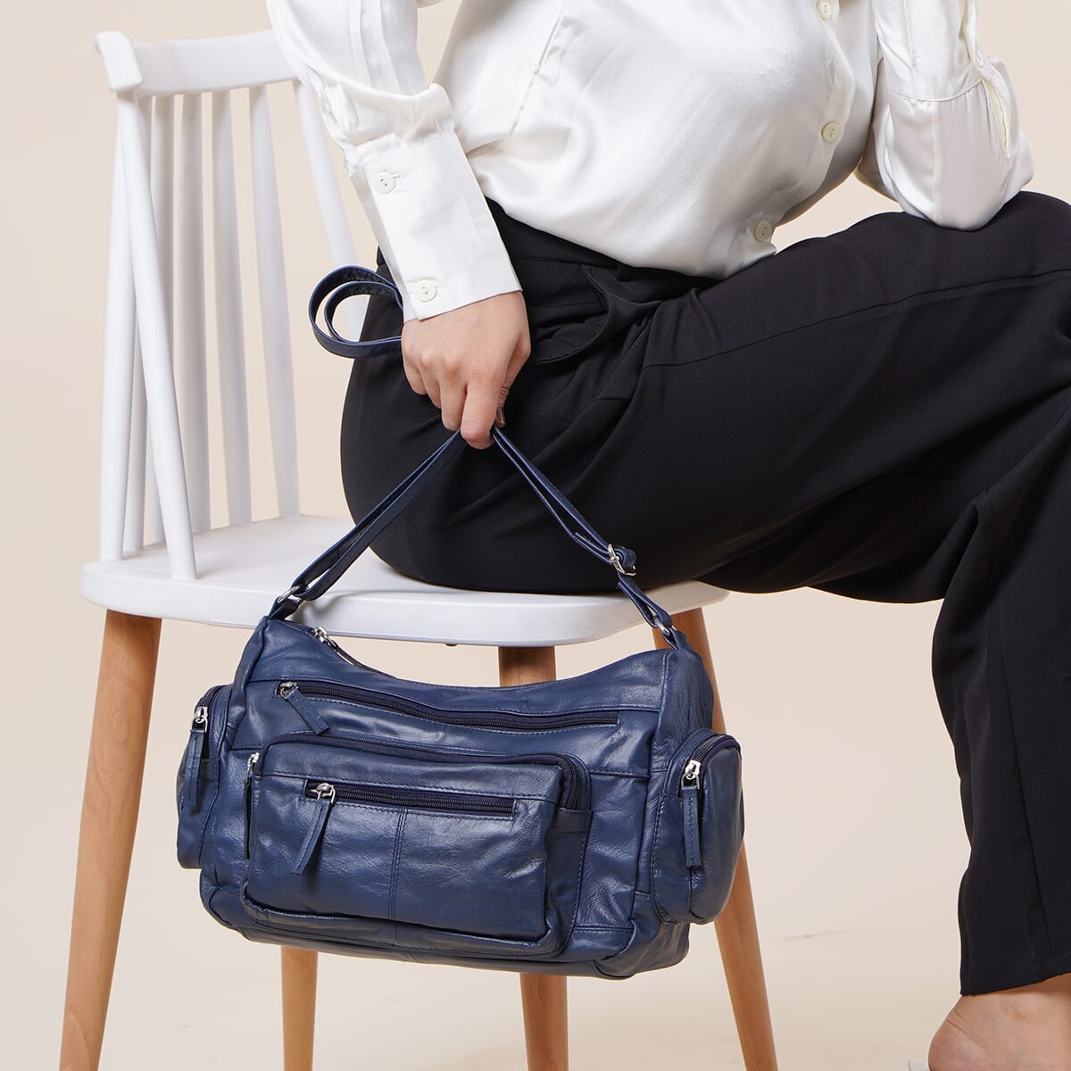 Navy Color Genuine Leather Multi Pocket Crossbody Bag with Adjustable Strap image number 2