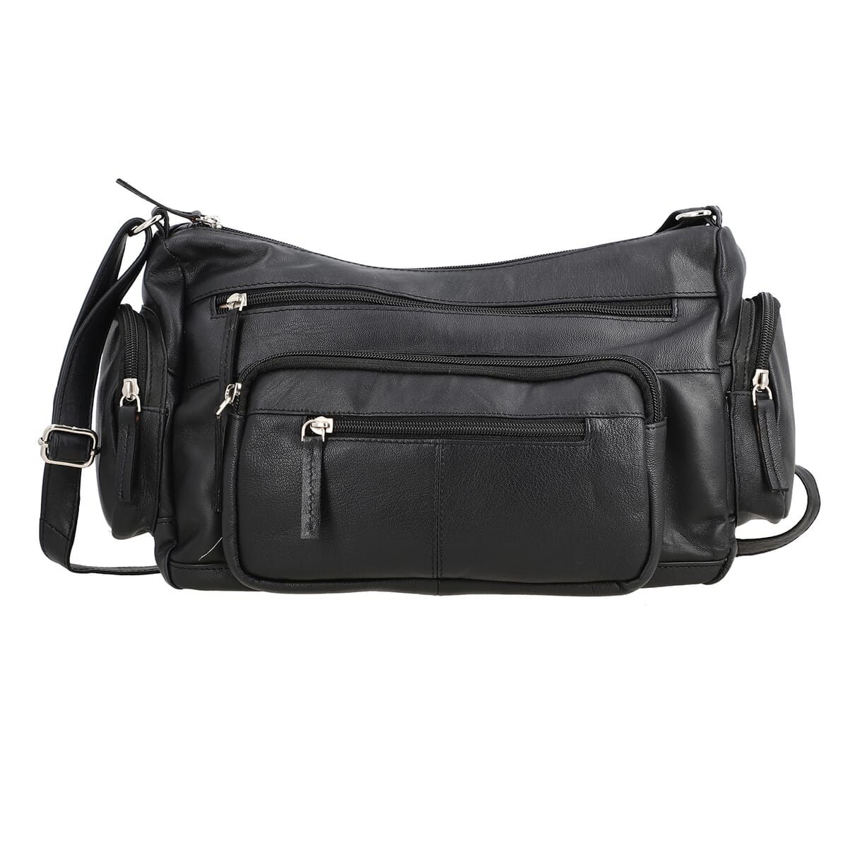 Black Color Genuine Leather Multi Pocket Crossbody Bag with Adjustable Strap image number 0