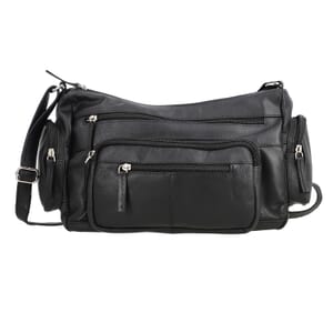 Black Color Genuine Leather Multi Pocket Crossbody Bag with Adjustable Strap