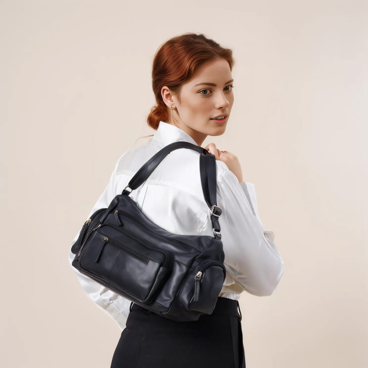 Black Color Genuine Leather Multi Pocket Crossbody Bag with Adjustable Strap image number 1