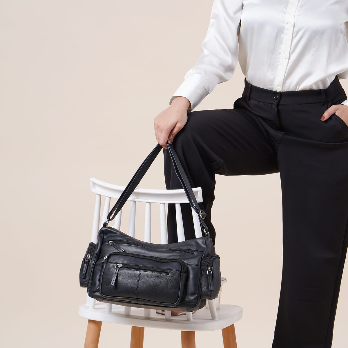 Black Color Genuine Leather Multi Pocket Crossbody Bag with Adjustable Strap image number 2