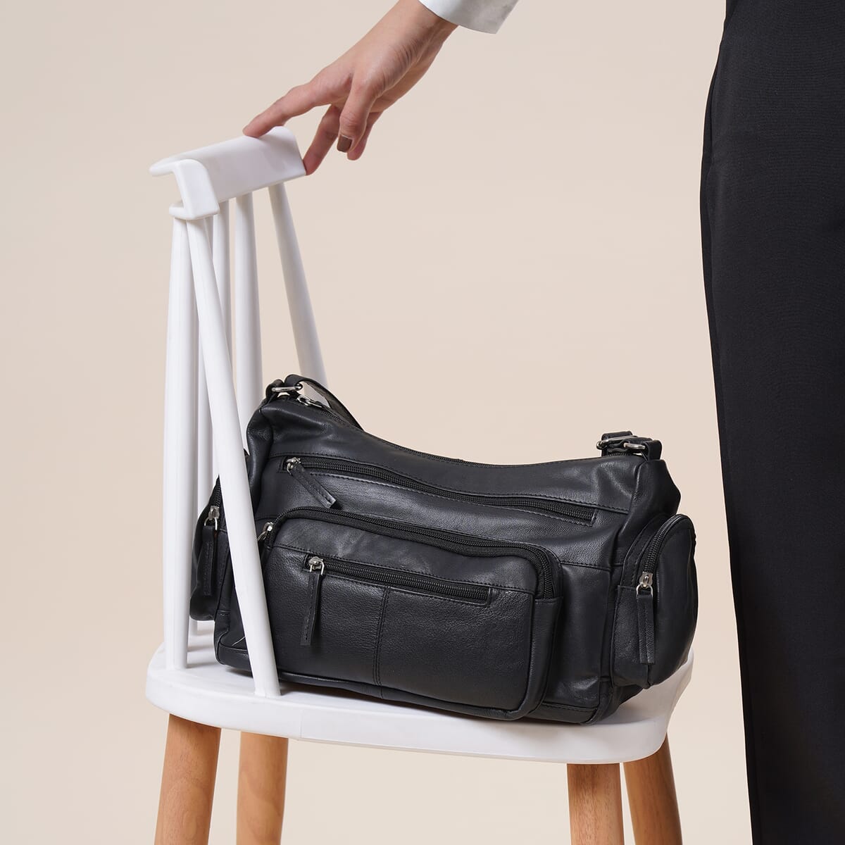 Black Color Genuine Leather Multi Pocket Crossbody Bag with Adjustable Strap image number 3