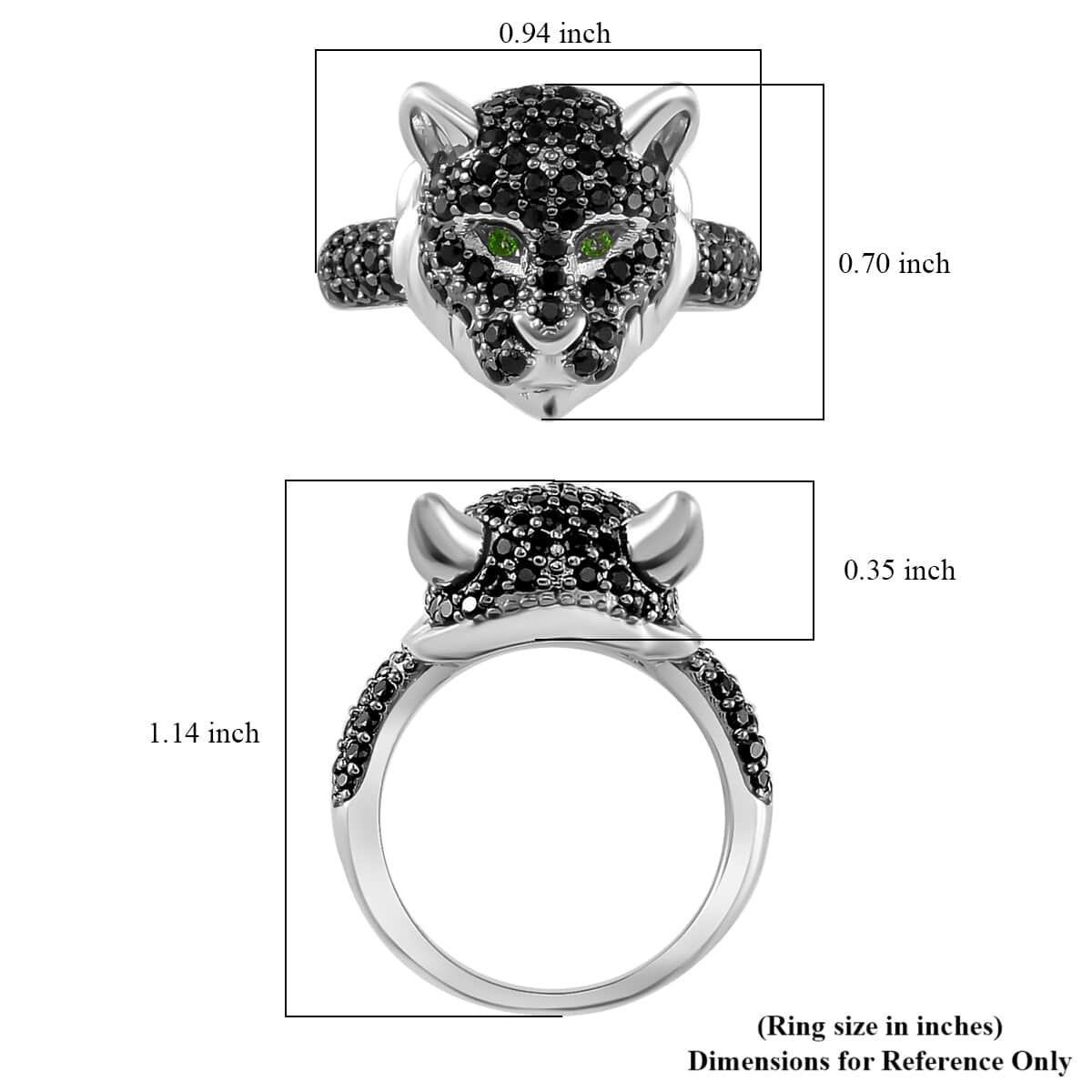 Thai Black Spinel and Chrome Diopside 1.70 ctw Lion Head Ring in Rhodium Over Sterling Silver (Size 6.0) image number 5