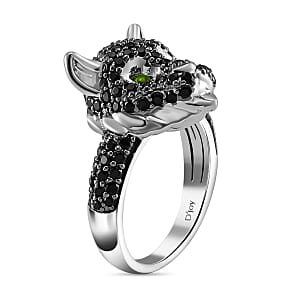 Thai Black Spinel and Chrome Diopside 1.70 ctw Lion Head Ring in Rhodium Over Sterling Silver (Size 8.0)