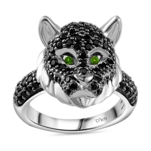 Thai Black Spinel and Chrome Diopside 1.70 ctw Lion Head Ring in Rhodium Over Sterling Silver (Size 9.0)