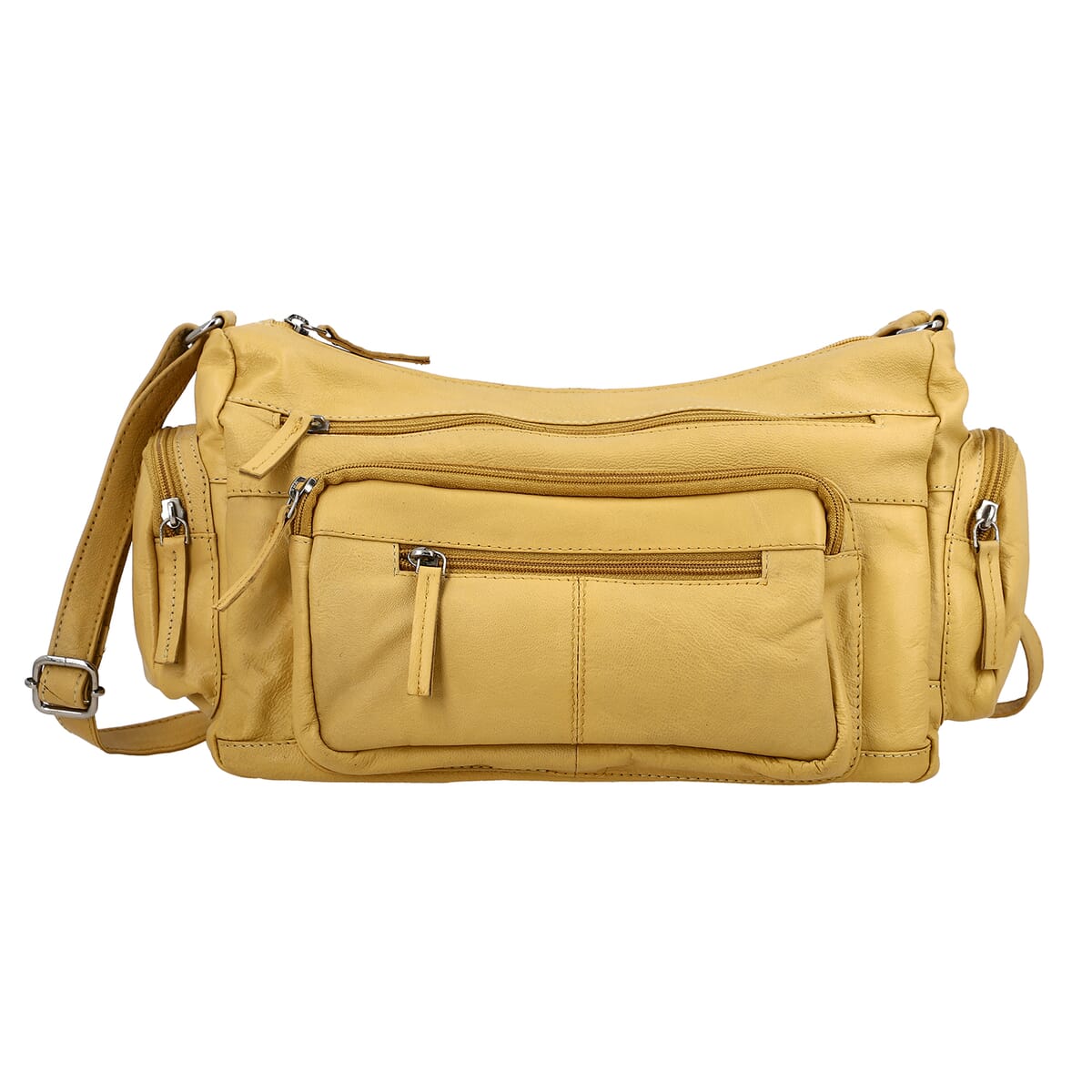 Ochre Color Genuine Leather Multi Pocket Crossbody Bag with Adjustable Strap image number 0