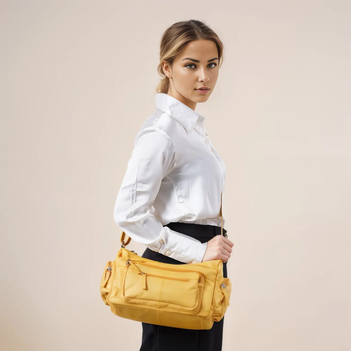 Ochre Color Genuine Leather Multi Pocket Crossbody Bag with Adjustable Strap image number 1