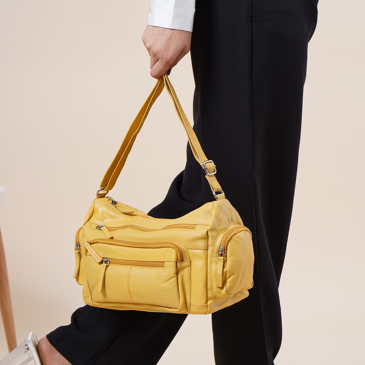 Ochre Color Genuine Leather Multi Pocket Crossbody Bag with Adjustable Strap image number 3