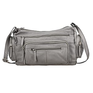 Gray Color Genuine Leather Multi Pocket Crossbody Bag with Adjustable Strap
