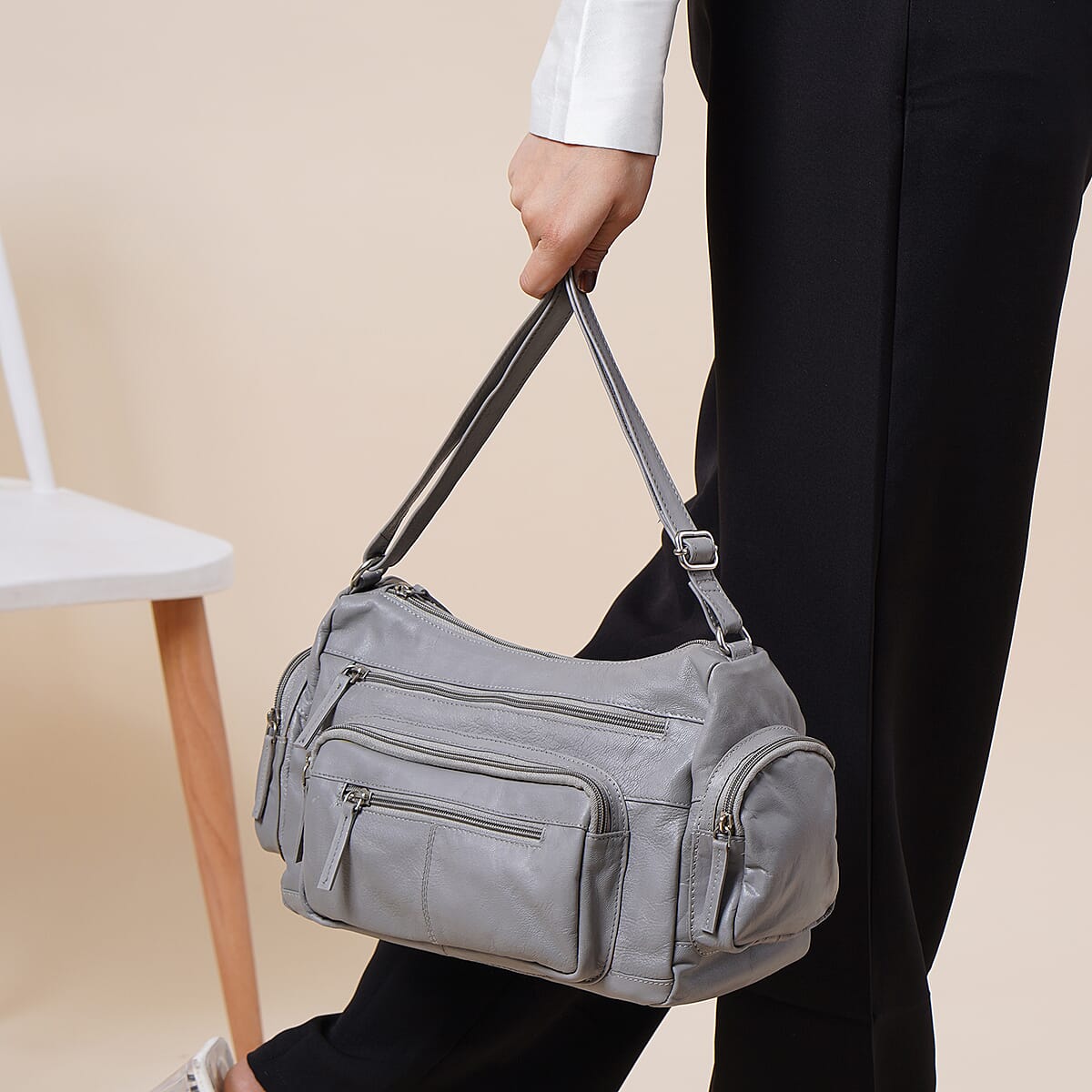 Gray Color Genuine Leather Multi Pocket Crossbody Bag with Adjustable Strap image number 3