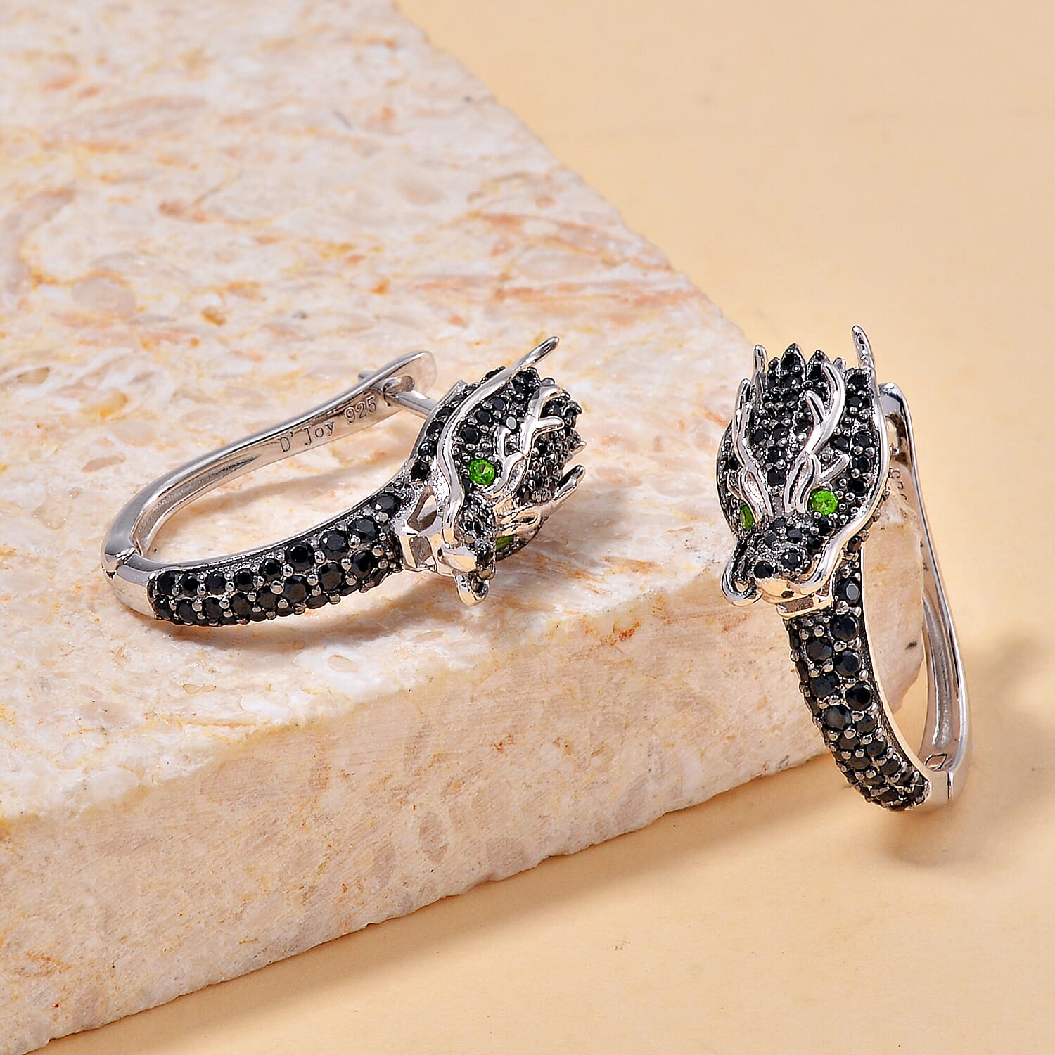 Thai Black Spinel and Chrome Diopside 1.30 ctw Dragon Head Earrings in Sterling Silver