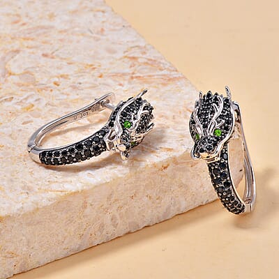 Thai Black Spinel and Chrome Diopside 1.30 ctw Dragon Head Earrings in Sterling Silver