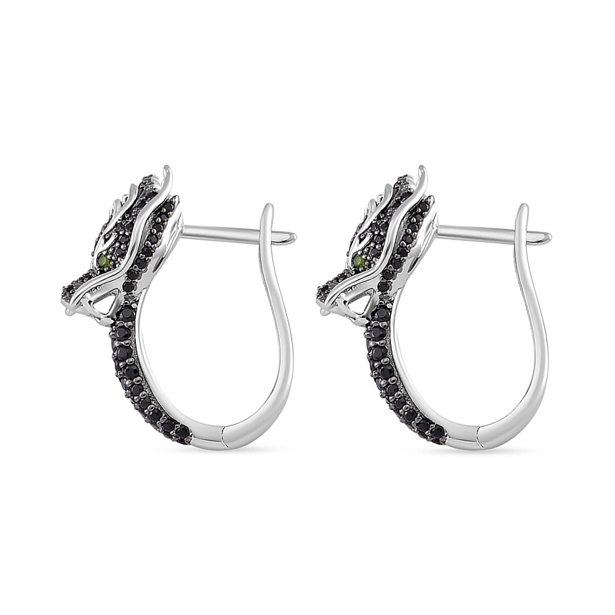 Thai Black Spinel and Chrome Diopside 1.30 ctw Dragon Head Earrings in Sterling Silver