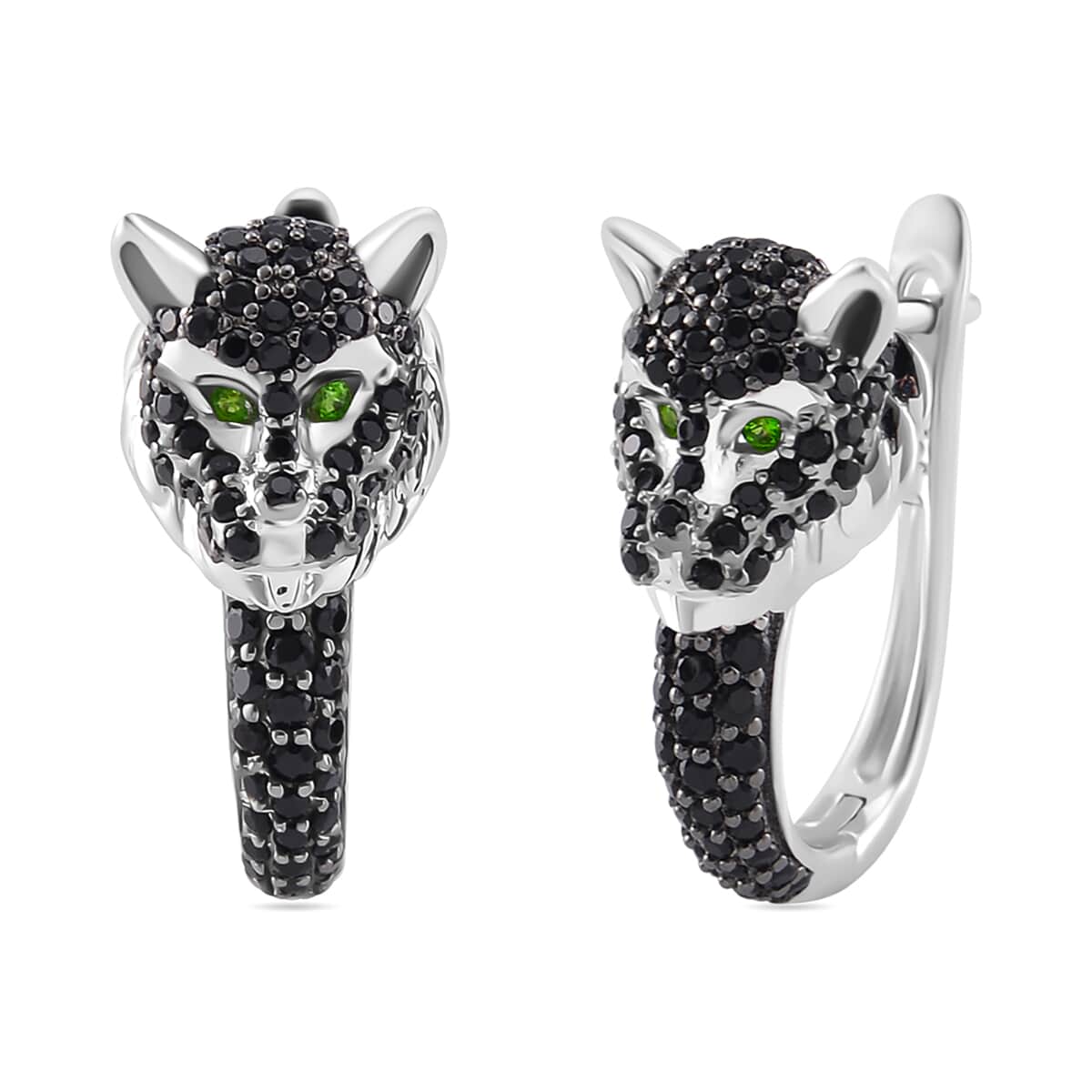 Thai Black Spinel and Chrome Diopside 1.50 ctw Lion Head Earrings in Sterling Silver image number 0