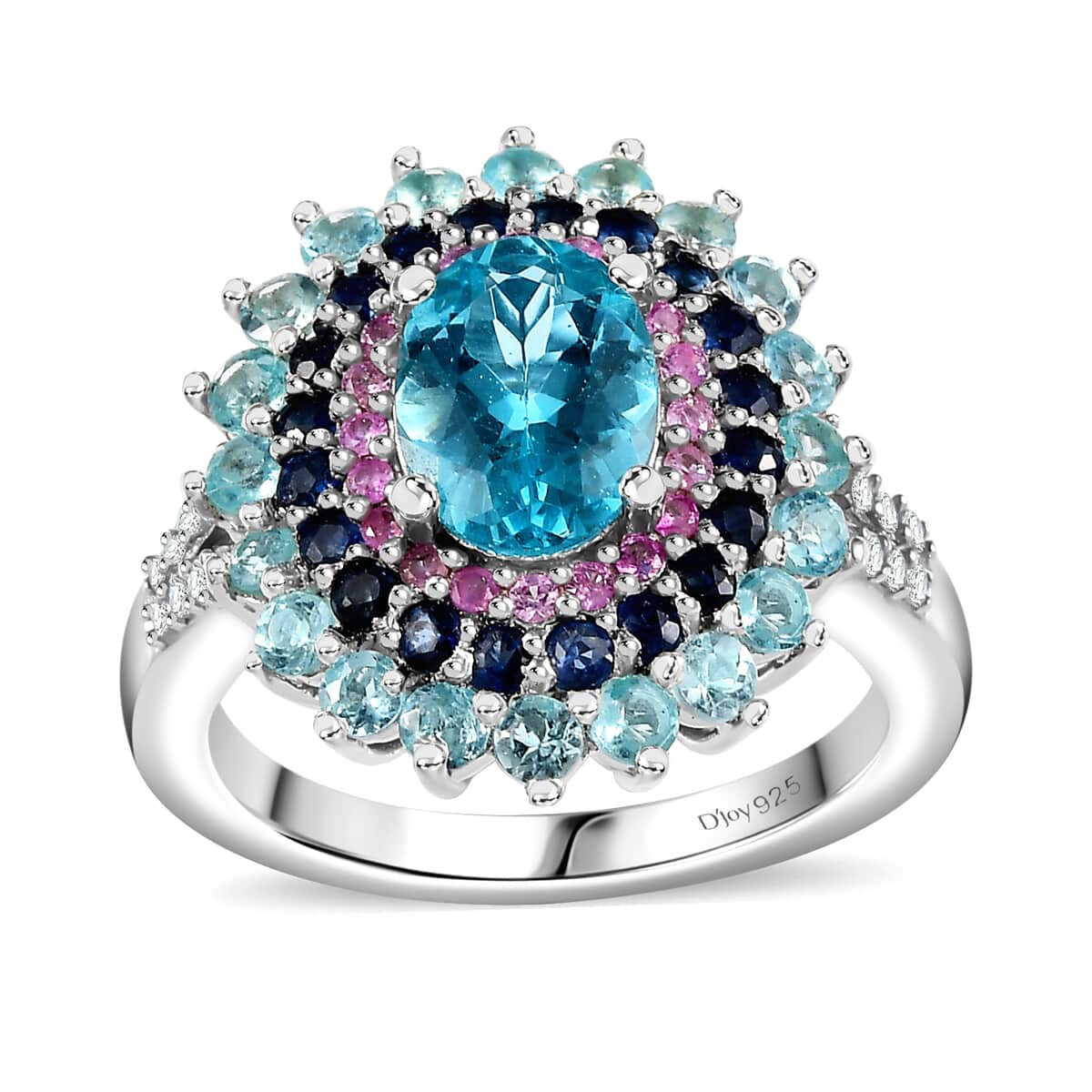 Betroka Blue Apatite and Multi Gemstone 2.90 ctw Oceanic Symphony Ring in Rhodium Over Sterling Silver (Size 10.0) image number 0