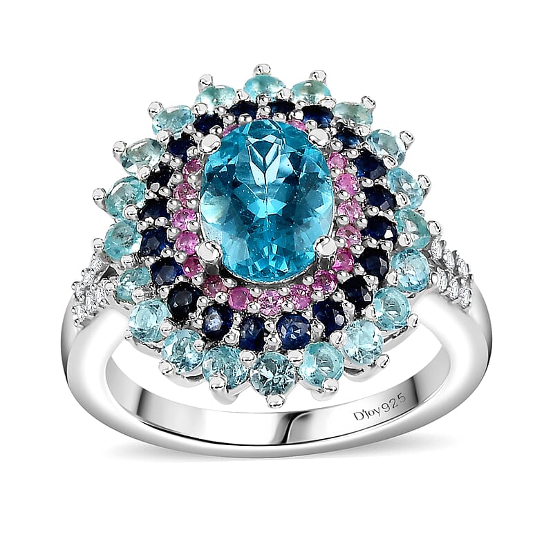 D'Joy Betroka Blue Apatite and Multi Gemstone 2.90 ctw Oceanic Symphony Ring in Rhodium Over Sterling Silver (Size 10.0)