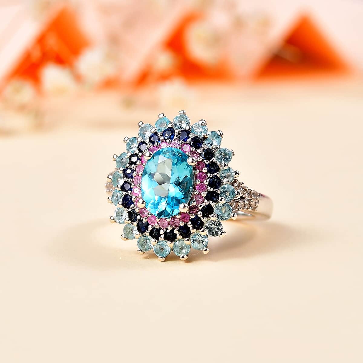 Betroka Blue Apatite and Multi Gemstone 2.90 ctw Oceanic Symphony Ring in Rhodium Over Sterling Silver (Size 10.0) image number 1