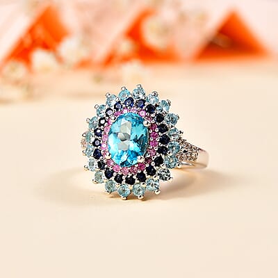 D'Joy Betroka Blue Apatite and Multi Gemstone 2.90 ctw Oceanic Symphony Ring in Rhodium Over Sterling Silver (Size 10.0)