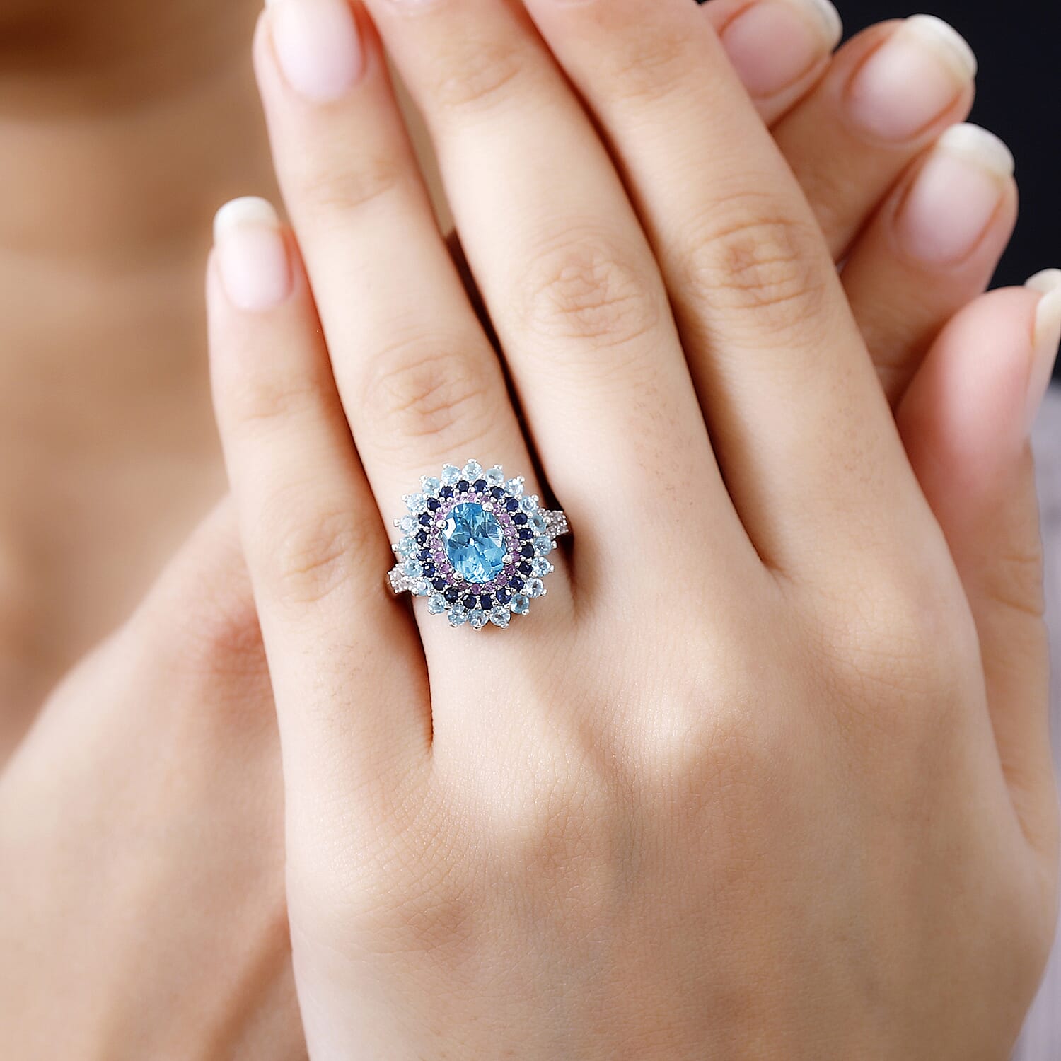 D'Joy Betroka Blue Apatite and Multi Gemstone 2.90 ctw Oceanic Symphony Ring in Rhodium Over Sterling Silver (Size 10.0)