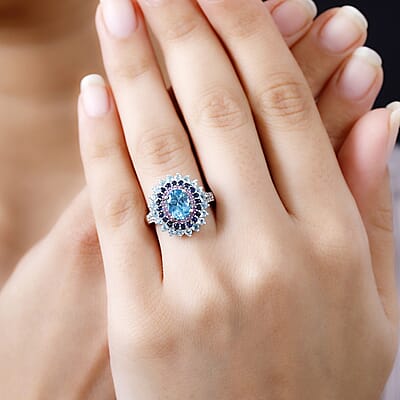 D'Joy Betroka Blue Apatite and Multi Gemstone 2.90 ctw Oceanic Symphony Ring in Rhodium Over Sterling Silver (Size 10.0)